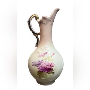 Hand Painted Porcelain Ewer Vase with Gold Handle Embossed Floral Design
